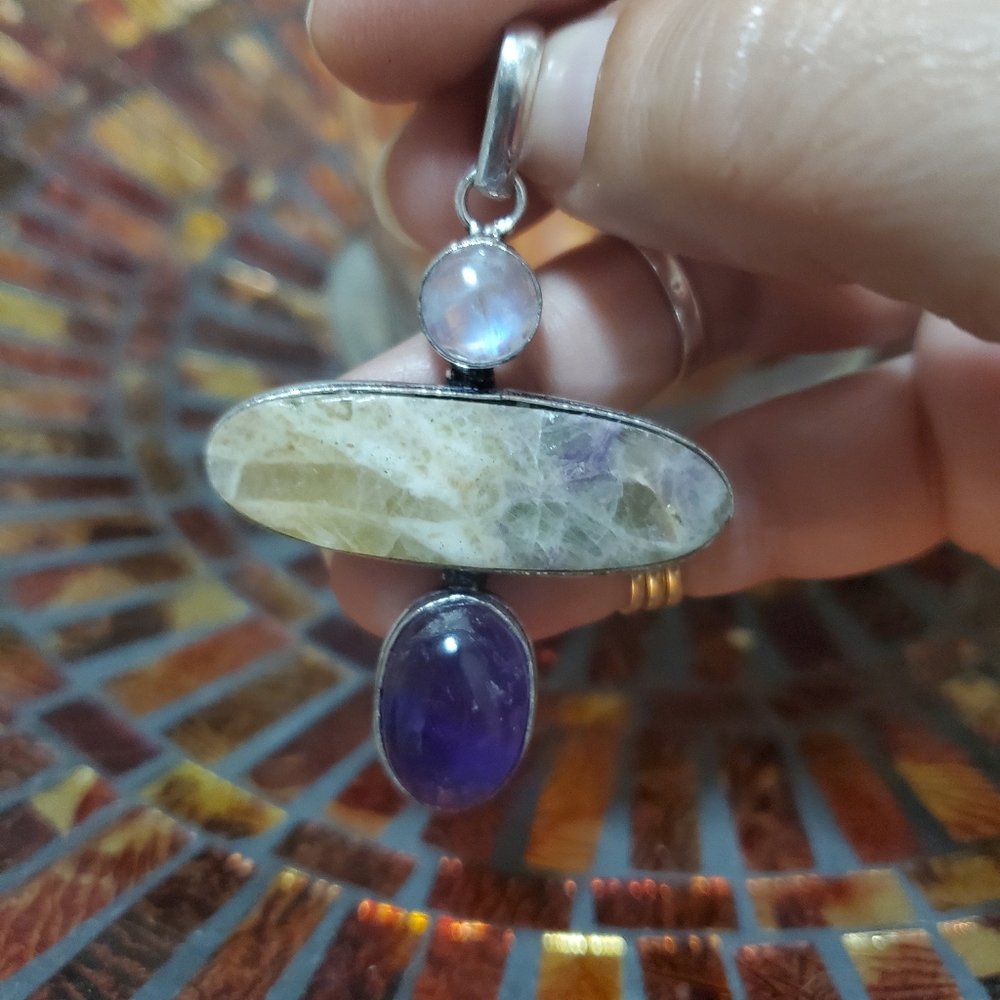 Silver Pendant With Natural Moonstone And Amethyst